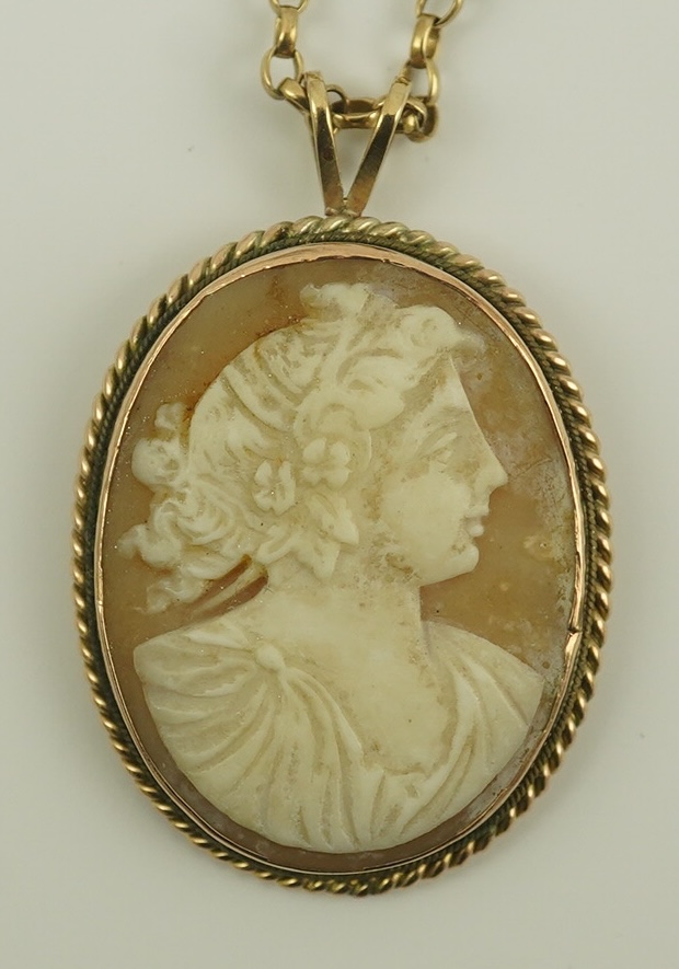 A 9ct gold mounted oval cameo shell pendant, on a 9k gold chain